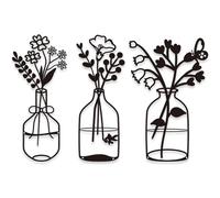 3Pcs Metal Wall Decor 3 Style Flower in Vase Metal Wall Art 12" Hollow Out Minimalist Black Home Decor for Living Room, Bedroom, Bathroom, Accents