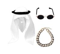 3Pcs Middle Eastern Pet Costume Set, Arabic Dog Cat Cosplay Outfit with Head Wrap, Sunglasses & Necklace, Cute Pet Dress Up Clothes for Halloween, Birthday, Photoshoot (White)