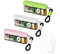 3PCS Mini Pillbox with String, Include 6 Label Stickers, Small Portable Pill Organizer for Travel, Work, Outdoor, 4 Compartments Daily Pill Case Container for Vitamins Supplements Medication