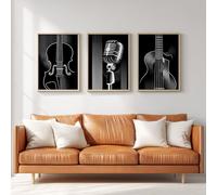 3Pcs Minimalist Modern Wall Art Prints, Canvas Posters for Teen Boys Girls, Music Violin Cello Guitar Microphone Retro Theme Pictures for Wall Decoration of Dining Room Dorm Game Room 20 x 30 cm