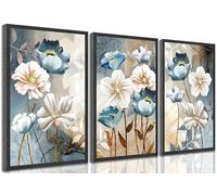 3Pcs Modern Luxury Lotus Flower Canvas Wall Art White and Blue Floral Painting Pictures Wall Decor Posters Print Artwork for Living Room Bedroom Bathroom Home Decoration Unframed 08x12inch