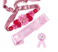 3Pcs Mom & Dad Baby Shower Set- Mom to Be Maternity Sash Pregnancy Baby Shower Flower Belly for Gender Reveal Pink Girl Baby Shower Decorations, Daddy to Be Corsage Pin Set