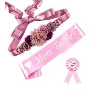 3Pcs Mom & Dad Baby Shower Set- Mom to Be Maternity Sash Pregnancy Baby Shower Flower Belly for Gender Reveal Wine Red Pink Girl Baby Shower Decorations, Daddy to Be Corsage Pin Set