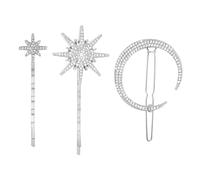 3pcs Moon Star Hair Clips, Silver Rhinestone HairPins Vintage Metal Alloy Diamond-studded Barrettes Crystal Celestial Hair Accessories for Women Girls