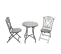 Shatchi Casablanca Mosaic Bistro Set Three Piece Garden Furniture Set with Two Folding Chairs & Round Outdoor Table for Balcony & Patio - 3 Piece