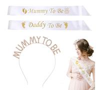 3pcs Mummy To Be Sash, Daddy To Be Sash, Baby Shower Sash Mummy To Be, White Shoulder Strap, Party Decorations Rhinestone Tiara Crown Headband for Expectant Mother Father Gift Baby Welcome Parties