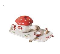 3Pcs Mushroom Ceramic Tableware Set Unique Mushroom Bowl Cute French Onion Soup Bowl with Handle and Lid, Serving Tray and Spoon Lava Cakes, Creme Brulee, Egg Cooker. Breakfast, Lunch, Dinner, Noodle