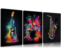 3pcs Musical Instrument Graffiti Canvas Wall Art Pop Music Instrument Style Wall Decor Pictures Rock Electric Guitar Jazz Drum Posters Prints for Teenagers Living Room Bedroom Home Decoration Framed