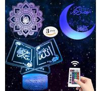 3pcs Muslims Night Lights - 3D Illusion Lamp Set with Moon Castle, Quran Book, Flower Designs - 16 Changeable Colors with Remote and Touch Control Ramadan Islamic Gifts for Kids Friends Home Deco