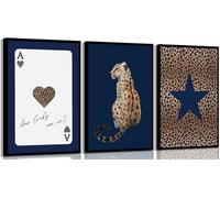 3Pcs Navy Leopard Canvas Wall Art Cheetah Vintage Prints Wall Decor Navy Blue Star Painting Pictures Lucky Trendy Artwork for Gallery Preppy Luxury Home Decoration Unframed 16x24inch