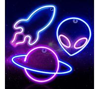 3PCS Neon Signs for Wall Decor, LED Neon Lights for Bedroom,USB or Battery Powered Light Up Space Element Alien Planet Rocket for Kids,Teen Boys,Gaming Room,Bar,Birthday,Cool Decoration Aesthetic Gift