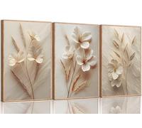 3Pcs Neutral Beige Floral Botanical Canvas Wall art Modern Simple Texture Flower Plant Painting Picture Wall Decor Vintage Blossom Poster Print Artwork for Living Room Bedroom Bathroom Unframed
