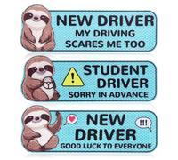 3pcs New Driver Car Magnets, Cute Cartoon Sloth Novice Rookie Student Driver Safety Attention Sticker Highly Reflective Bumper Stickers Please Be Enduring Keep Distance Sign for Trucks & Vehicles