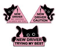 3Pcs New Driver Sticker New Driver Gifts Funny Car Sticker Magnet Signs for Car Please Be Patient, Safety Warning Signs for Student Driver Reusable Durable Long Service Life, Black Cat, Pink