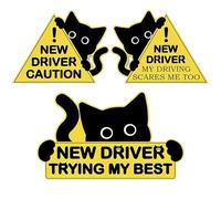 3Pcs New Driver Sticker New Driver Gifts Funny Car Sticker Magnetic Signs for Car Please Be Patient, Safety Warning Signs for Student Driver Reusable Durable Long Service Life, Black Cat, Yellow
