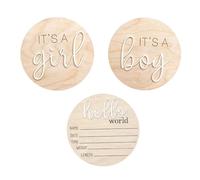 3PCS Newborn Announcement Sign Its A Boy Girl Hello World Wooden Round Gender Reveal Welcome Nursery Birth Baby Name for Props Keepsakes Strength Ornament (Beige, 13x13x3cm)