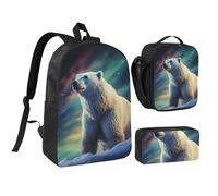 3PCS Northern Lights Polar Bear Backpack Set with Insulated Lunch Box Pencil Pouch, 17inch Lightweight Laptop Bags Shoulder Lunch Bag and Pencil Case Bag 3-in-1 Set