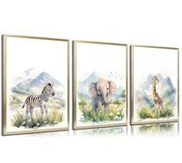3pcs Nursery Animals Canvas Wall Art Watercolor Jungle Elephant Giraffe Zebra Posters Prints Kid'S Room Wall Decor Pictures for Baby Boys Toddler Room Decoration Unframed