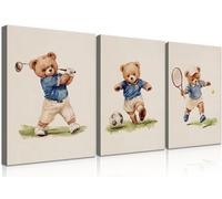 3Pcs Nursery Bear Wall Art Boy Sports Canvas Wall Decor Baby Nursery Prints Vintage Teddy Bear Poster Boy Room Wall Art Kids Animal Pictures Painting for Bedroom Playroom Bedroom, living room, boy's