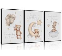 3Pcs Nursery Teddy Bear Wall Art Cute Little Bears Wall Decor Slepping Teddy Bears Prints Moon Star Cloud Neutral Nursery Canvas Pictures for Kid's Room or Bedroom Painting Unframed 12x16inch