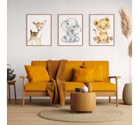 3Pcs Nursery Wall Art Safari Baby Animals Canvas Poster, Cute Cartoon Forest Animals Poster Pictures Murals-Giraffe, Elephant, Lion, Wall Decor for Nursery Kids Bedroom Home Decoration - A4 Unframed