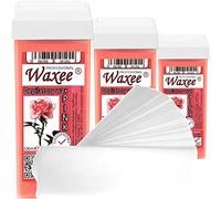 3pcs of 100ml roll on roller wax cartridge and 50 waxing strips Waxee (Wide roller (legs & body), Pink (with Titanium dioxide))