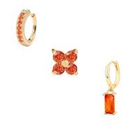 3Pcs Orange Gold Huggies Earrings Square Flower Rhinestone Fall Stacks Earrings For Women Non Tarnish Mini Hoop Studs Dainty Earring Sets Thanksgiving Birthday Trendy Jewelry Gift, Standard size