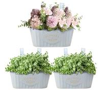 3Pcs Over Fence Flower Pots Vintage Metal Iron Hanging Baskets Outdoor Balcony Planter for Railing, Decorative Oval Rustic Hanging Fence Planter for Garden Porch Balcony Railing Patio Deck(blue)