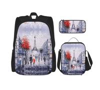 3pcs Paris City Tree Eiffel Tower Art Print School Backpack Set,Large Capacity Water Resistant Laptop Backpack With Insulated Lunch Bag & Pencil Case For Middle School Teens Back To School Supplies