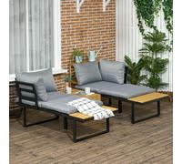 Outsunny 3PCs Patio Furniture Set w/ Cushions, Wood Grain Plastic Top Table
