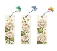 3PCS Pearl Art Bookmarks with Crystal Pendants, DIY Handmade Bookmarks Gift for Page Marking Single Sided-09-Flowers