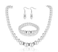 3Pcs Pearl Necklaces and Earring Set,Artificial White Pearl Necklace Great Gatsby Style Vintage Fashion Jewelry Costume Jewellery for Women Pearls Beaded Necklace for Brides Wedding Party Accessories