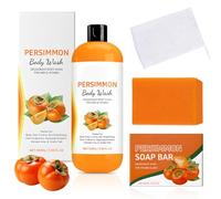 3Pcs Persimmon Soap & Body Wash Set - Natural Deodorant Shower Gel & Cleansing Bar for Men or Women Body Odor Control, Shower Kit with Soap Bag for Cleaning Skin and Refreshing Smell (100ml + 100g)