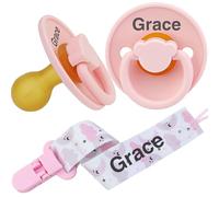 3Pcs, Personalised Baby Soother Made from Sustainable and Bio-Renewable Material, Skin Soft Silicone Teat, with Custom Soother Chain (Pink)