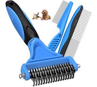3PCS Pet Grooming Rake & Metal Comb & Flea Comb for Cats and Dogs, Double-Sided Dematting Tool, Extra-Wide Deshedding Dog Brush for Long Hair to Effectively Remove Tangles, Knots and Mats (Blue)
