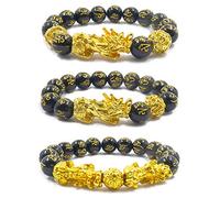 3Pcs Pi Xiu Bracelet, Feng Shui Black Obsidian Bracelets, with Gold Plated Chinese Sacred Beast Pi Xiu Attract Wealth and Good Luck, Adjustable Elastic Bead Bracelet for Men Women (112)