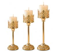 3Pcs Pillar Candle Holders Hurricane Candle Holder, Vintage Hollow Carved Tall Candlestick Stands Gold Candle Holders fo for Christmas, Wedding, Home decor, Table Mantle Fireplace Decoration
