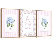 3Pcs Pink And Blue Hydrangea Wall Art Trendy Preppy Coquette Canvas Posters Prints How Lucky Are We Pictures Wall Decor for Girly Room Bedroom Home Decorations Unframed 12x16inch