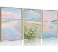 3Pcs Pink Beach Wall Art Pastel Coastal Canvas Wall Decor White sailboat Pictures Preppy Summer Beachy Posters Ocean Wildflowers Painting Print Artwork for Beach House Bedroom Dorm Apartment unframed