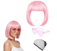 3Pcs Pink Bob Wig Set，Pink Wigs For Women | Party Wigs with Heart Sunglasses and Black Wig Cap, Perfect for Role Play, Neon Parties, Halloween Events, and Daily Fashion
