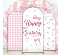 3Pcs Pink Bow Birthday Arch Backdrop Cover 4ft 5ft 6ft Pink White Checkered Spandex Fitted Round Top Arch Stand Covers Bowknot Plaid Photography Background for Girls Birthday Wedding Party Decoration