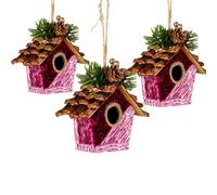 3Pcs Pink Burgundy Birdhouse 10x11cm - Christmas Tree Hanging Decorations Festive Decorative Ornaments Fairy Tale Themed Xmas Tree Pendant