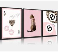 3Pcs Pink Cheetah Fashion Canvas Wall Decor Leopard Bow Preppy Print Wall Decor Pictures Chic Lucky 8 Ball Aesthetic Paintings Artwork for Girls Bedroom Dorm and Apartment Unframed 16x24inch