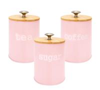 3PCS Pink Kitchen Canister Set 6.1" x 3.7" Matte Condiment Pot Metal Tin Jar Container with Bamboo Airtight Lid to Store Dry Food Spices Coffee Tea Sugar Storage Accessories for Bar Counter Farm House