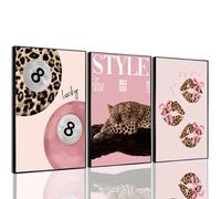3Pcs Pink Leopard Canvas Wall Art Trendy Cheetah 8 Ball Bow Poster Prints Coquette Preppy Lucky Aesthetic Fashion Pictures Art for Girls Bedroom Dorm Living Room Decor Unframed 08x12inch