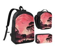 3PCS Pink Moon Elephant Backpack Set with Insulated Lunch Box Pencil Pouch, 17inch Lightweight Laptop Bags Shoulder Lunch Bag and Pencil Case Bag 3-in-1 Set