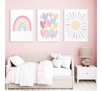 3Pcs Pink Nursery Canvas Wall Art Pastel Rainbow Sun Hearts Posters Prints Boho Pink Sunshine Painting Wall Decor Pictures for Toddler Girls Baby Kids Room Decoration, Unframed 12x16in