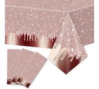 3pcs Pink Rose Golden Birthday Party Tablecloths Rose Gold Sequin Plastic Table Cover Glitter Diamonds Happy Birthday Background Girls for Wedding Graduation Anniversary Indoor or Outdoor Holiday