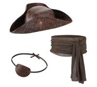 3Pcs Pirate Captain Accessories, Medieval Pirate Fancy Dress Costume Accessory Set for Women Men Faux Leather Distressed Colonial Style Tricorn Hat Eye Patch Sash Belt for Halloween Cosplay Party