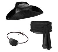 3Pcs Pirate Captain Accessories, Medieval Pirate Fancy Dress Costume Accessory Set for Women Men Faux Leather Distressed Colonial Style Tricorn Hat Eye Patch Sash Belt for Halloween Cosplay Party